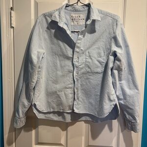 Frank & Eileen Silvio Untuckable women button up shirt boxy sz L pinstripe blue